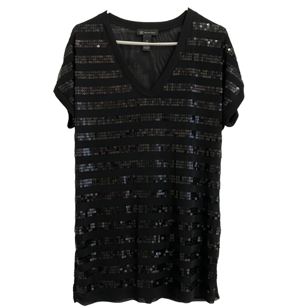 I.N.C International Concepts Radiance Deep Black Sequined Sheer Top Medium EUC